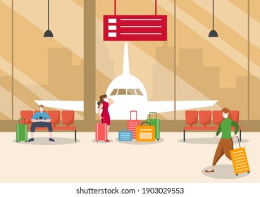 New norma, Vector illustration People in Masks Sitting in Airport Interior Terminal, Business Travel Concept. Flat design.