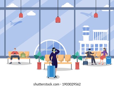 Nuevo normal, Vector ilustración Personas en máscaras sentadas en terminal interior del aeropuerto, Business Travel Concept. Diseño plano.
