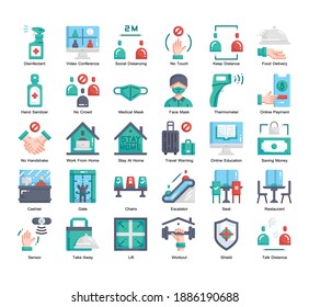 New Normal 30 Color Flat outline icons set. Icon design for UX, UI, web, app, brochure, flyer, presentation design, etc. vector and illustration.