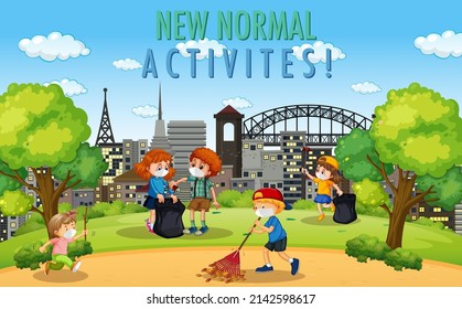 New Normal Activities with people wearing face masks at the park illustration