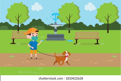 New Normal activity vector concept: Little boy walking with his dog while wearing face mask at the park after covid-19 outbreak