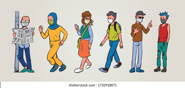 New normal after corona virus, people wear mask in public vector illustration