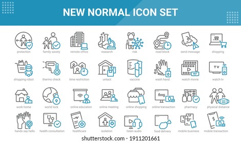 New Normal after Coronavirus Covid 19 pandemic era, editable blue dark grey outline icons set isolated on white. Perfect thin outline icon style
