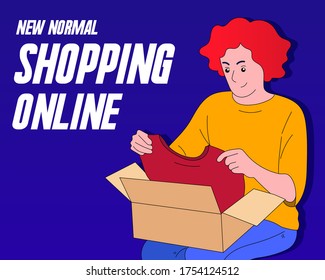 new normal after Coronavirus COVID-19 financial crisis and economy recession concept, The smart young man is opening the box a new shirt and happily with online shopping from home. Selling online