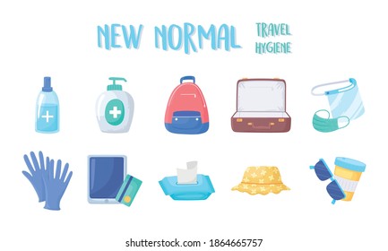 new normal after covid 19, travel hygiene sanitizer gel bag mask gloves and more vector illustration