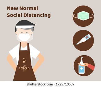 NEW NORMAL AFTER COVID CONCEPT: There is man who is an owner of coffee shop with three signs, wear face mask, clean your hands, check temperature, keep distancing. For protect corona virus.