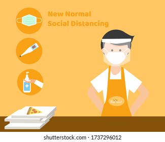 NEW NORMAL AFTER COVID CONCEPT: There Is Man Who Is An Owner Of Pizza Shop With Three Signs, Wear Face Mask, Clean Your Hands, Check Temperature, Keep Distancing. For Protect Corona Virus.