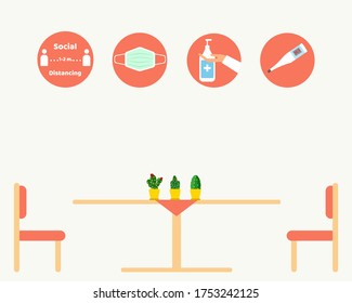 NEW NORMAL AFTER COVID CONCEPT: There is a table and chairs in restaurant with four signs, wear face mask, clean your hands, check temperature, keep distancing. For protect corona virus.