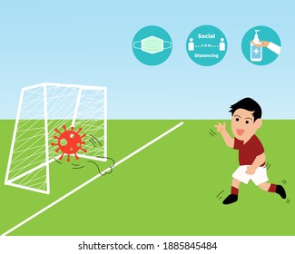 NEW NORMAL AFTER COVID CONCEPT: There is a boy kicks virus to goal. With three signs, wear face mask, clean your hands,  keep distancing. For protect corona virus.