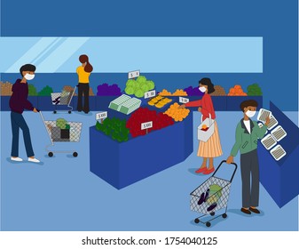 new normal after covid pandemic: people shopping in supermarket with face mask protection choose consumer products. new normal lifestyle flat vector illustration