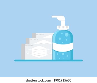 Neue Normalwerte nach dem COVID-19-Konzept: Präventivset, chirurgische Gesichtsmasken und Handsanitizer-Gel für Handhygiene. Cartoon Vektorstil für Ihr Design.