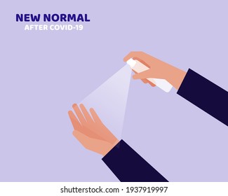 New Normal After COVID-19 Crisis : Hand spray alcohol with tranparent bottle to the other hand for sanitize coronavirus. Cartoon vector style for your design.