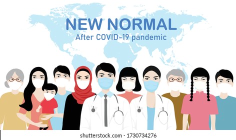 New Normal after covid-19 pandemic lettering with all people wearing face mask vector illustration