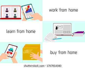 New normal after the epidemic coronavirus 2019 (covid-19), with 3 concatenated vector images with the word work from home, learn from home and buy from home.White background (Vector style)