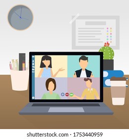 In new normal, all people work from home by video call conference. Colleague are discussing about new project. Illustration online meeting concept.