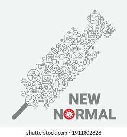 New Normal art, iconic vaccine art contains activities after pandemic covid-19 era, contains all activities such as social distancing, work from home, online meeting, etc, vector illustration