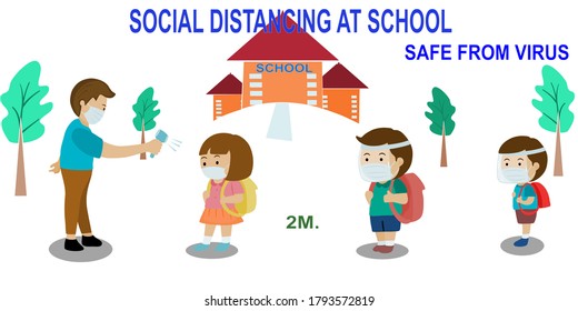New normal back to school After lockdown from coronavirus students have to check temperature by teacher , wear mask and stay keep social distancing before study.vector illustration 