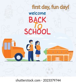 new normal back to school. kids waiting bus first day of school