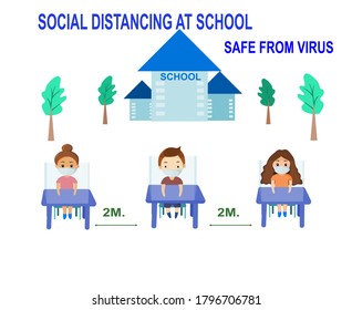 New normal back to school students sit by keep social distancing and wearing mask for safe from coronavirus.vector illustration 