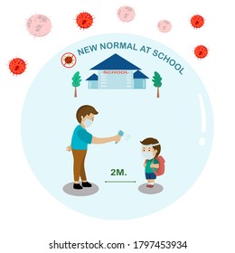 Nuevo normal de vuelta a la escuela profesor comprobar la temperatura del estudiante antes de entrar a la escuela para estar a salvo del coronavirus.ilustración vectorial 