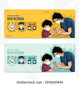 new normal banner, Mother and child wear facemask during coronavirus and flu outbreak. Virus and illness protection, hand sanitizer in public crowded place. New normal lifestyle after from covid-19 