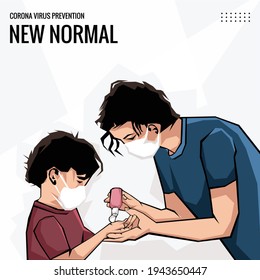 new normal banner, Mother and child wear facemask during coronavirus and flu outbreak. Virus and illness protection, hand sanitizer in public crowded place. New normal lifestyle after from covid-19 