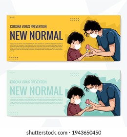 new normal banner, Mother and child wear facemask during coronavirus and flu outbreak. Virus and illness protection, hand sanitizer in public crowded place. New normal lifestyle after from covid-19 