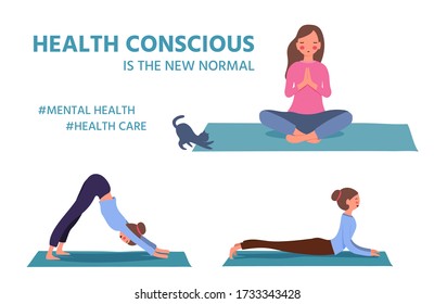 New normal behavior after covid-19, The concept of preventing coronavirus covid-19 infection,Health conscious,Cute characters meditate and play yoga,Pink cheek,vector illustration For graphic design