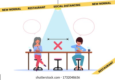 New normal behavior, The concept of preventing coronavirus covid-19 infection,Social distancing,People keep physical distancing from each other at restaurant,Cute character,vector illustration,graphic