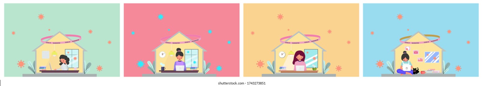 New normal behavior, The concept of preventing covid-19 infection, Social distancing, Cute character, Pink cheek,Set of young woman work from home via internet, vector illustration for graphic design