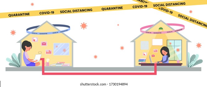 New normal behavior,The concept of preventing coronavirus covid-19 infection,Social distancing,Cute character,Pink cheek,Young woman work from home via internet,
vector illustration for graphic design
