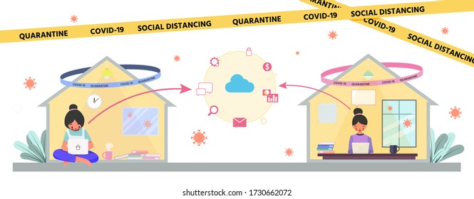 New normal behavior,The concept of preventing coronavirus covid-19 infection,Social distancing,Cute character, Pink cheek, Young people work from home via cloud, Vector illustration for graphic design