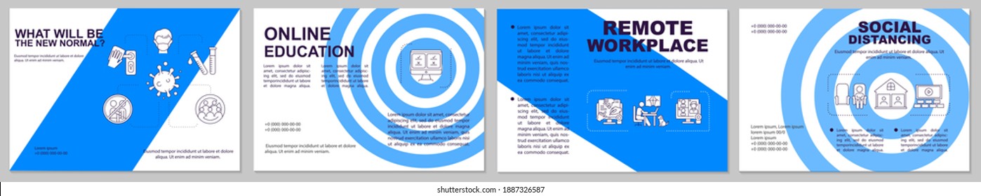 New normal brochure template. Remote workplace. Social distancing. Flyer, booklet, leaflet print, cover design with linear icons. Vector layouts for magazines, annual reports, advertising posters