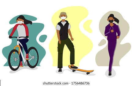 New normal, Bundle of people doing sport activities with face mask: cycling, skateboarding and running, isolated on white. Sports concept design.Flat vector illustration