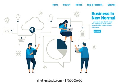 New normal business with connected database services and cloud computing, analyzing business to survive in pandmic covid 19. Illustration design of landing page, website, mobile apps, poster, banner