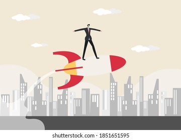 New normal business growth vector concept: Businessman wearing face mask and face shield flying on a rocket