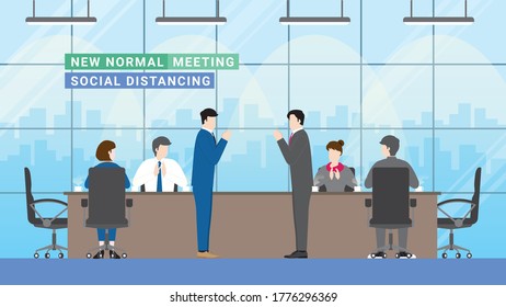New normal business partner concept. Joint venture in conference meeting room interior indoor workplace. Greeting businessman by thai wai with team agreement and cooperation partnership.
