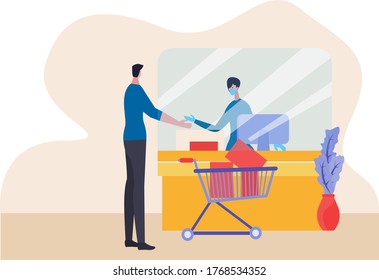 New Normal business vector concept: man paying at a cashier wearing face mask 