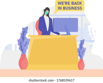 New normal Business vector concept: portrait of businesswoman wearing face mask typing on his desktop