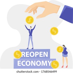 New normal business vector concept: Startup business people collecting coins from investor after the economy is reopen 