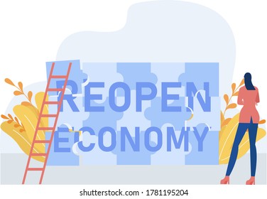 New normal business vector concept: businesswoman done assembling the jigsaw puzzle pieces written "Reopen Economy"