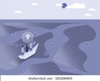 New normal business vector concept: Business people wearing facemask sailing with a paper boat surrounded by corona virus