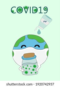 Nueva normalidad. Globe De Caricatura Con Una Máscara Y Lávese Las Manos Con Alcohol Para Prevenir El Virus Corona. El mundo sostiene el depósito de botellas de Virus Corona. ilustración vectorial