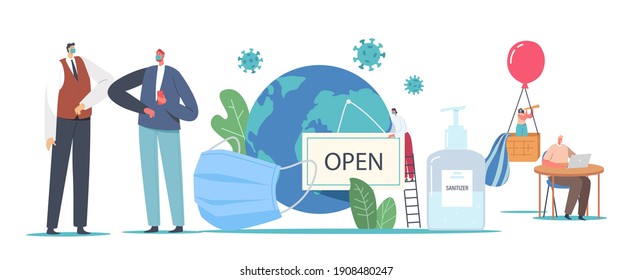 New Normal Changes in Business After Coronavirus or Post Covid19 Outbreak Pandemic. Businesspeople Characters Wearing Medical Facial Mask Distancing, Adapting. Cartoon People Vector Illustration