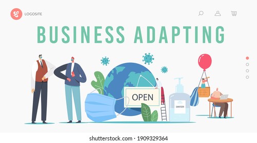 New Normal Changes in Business Landing Page Template.Businesspeople Characters in Mask Distancing, Adapting After Coronavirus or Post Covid19 Outbreak Pandemic. Cartoon People Vector Illustration