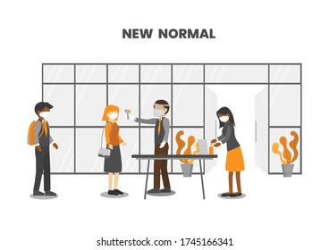 New normal, checking people for fever before they enter a business. People wear protective face masks, using hand sanitizer alcohol gel rub and keep a safe distance. COVID-19 outbreak prevention.