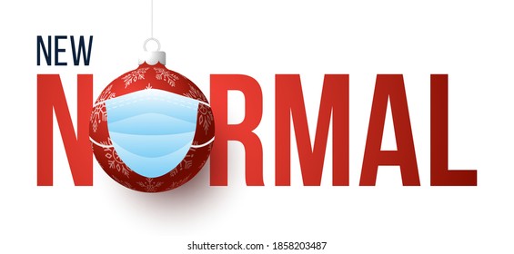 New normal Christmas concept banner card. Merry Christmas and happy new year new normal concept. Face mask on xmas tree ball bauble. Corona virus protection