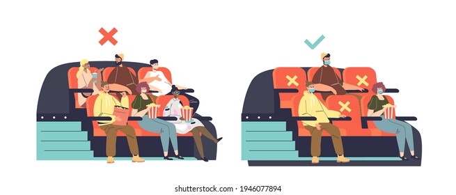New normal in cinema during covid-19 outbreak with people keeping social distance and wearing masks for prevention of coronavirus disease. Protection measures for health safety. Vector illustration