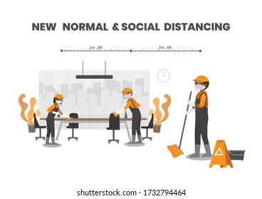 New normal, cleaning the office meeting room after use. Professional janitors wear face masks, face shields working together and keeping a safe distance from others. COVID-19 outbreak prevention. 