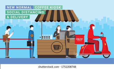 New normal coffee kiosk. People stand apart at queue line number take away coffee in rush hour. Protection is social distancing and wearing mask. Delivery service express bike from logistic company.